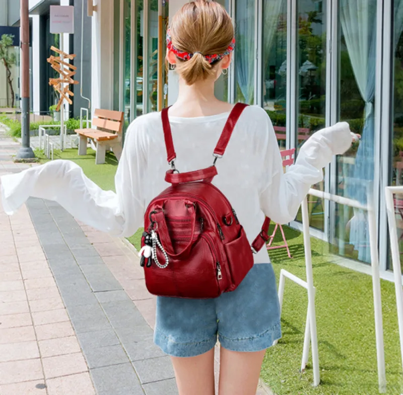 Local stock New Casual Womens Leather Backpack Anti-Theft Rucksack School Shoulder Bag Black Red | Багаж и сумки