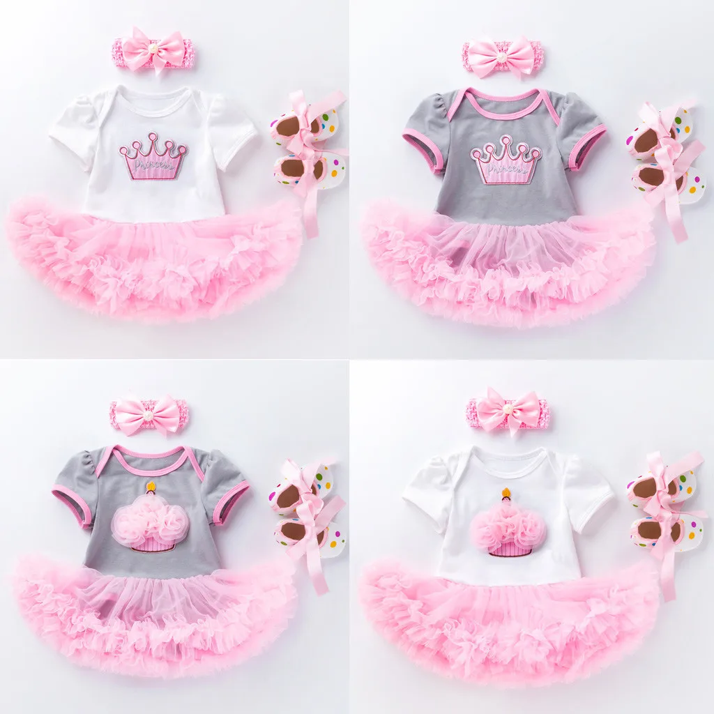 

Summer Baby girl explosions birthday suit three-piece baby girl cute birthday cake crown dress princess suit 40*