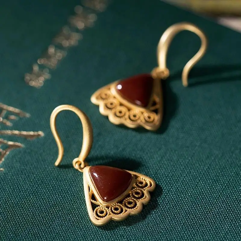 

New S925 Silver Accessories Gilding Inlaid Southern Red Agate Personality Fan-Shaped Fashion Women's Earrings Earrings Gift
