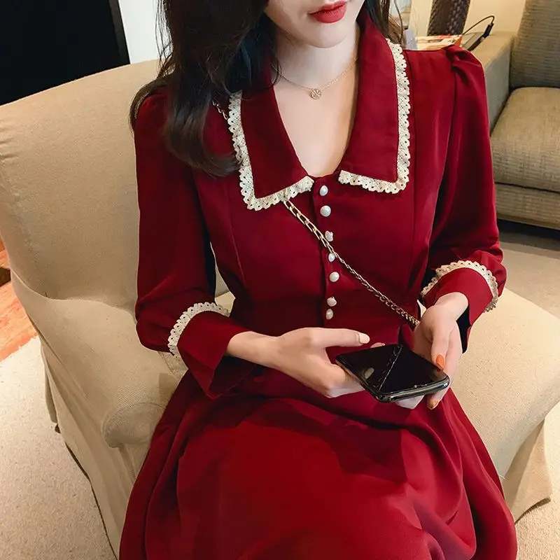 

Korean Fashion Autumn Clothes Women Long Dress 2021 Elegant Peter Pan Collar Maxi Dresses Black Red Light Luxury Ladies Outfits