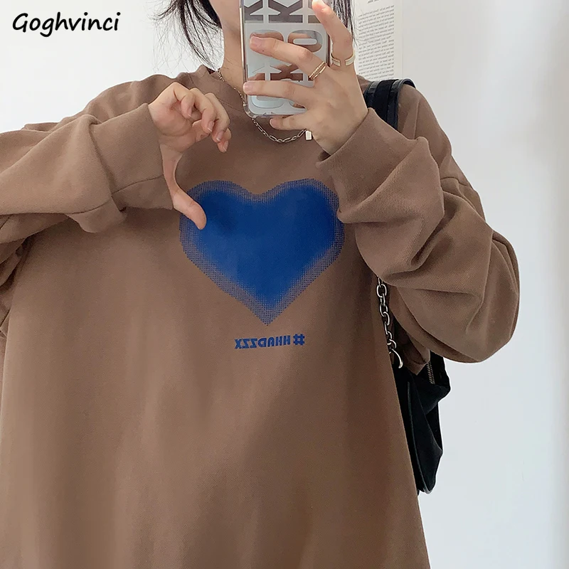 

Sweatshirts Women Heart Design Vintage O-neck Comfort New Arrive Spring Full Sleeve Loose Casual Chic Cozy Girlish Couple Ins