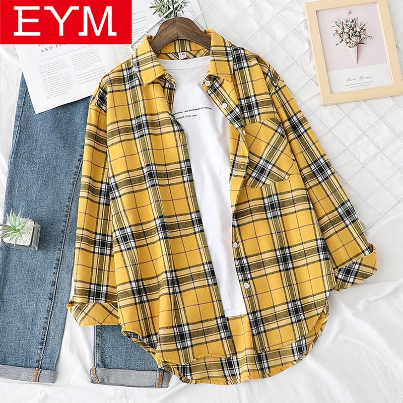 Женская модная желтая красная Свободная рубашка в клетку осень 2020 Новая женская