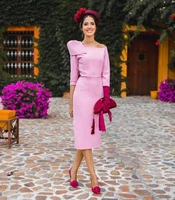 new vintage pink simple tea length evening dress 2020 off the shoulder formal dresses party prom gowns vestidos de festa