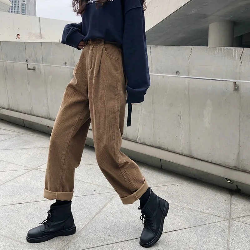 

New 2022 Women Autumn Corduroy Cargo Pants Elastic Waist Vintage Harajuku Korean Casual Trousers Female 90s Streetwear