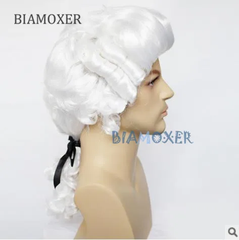 

BIAMOXER Grey Black White Lawyer Judge Baroque Curly Male Costume Wigs Deluxe Historical Long Synthetic Cosplay Wig for Hallowee