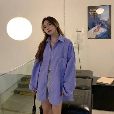 Женская Вельветовая рубашка фиолетового цвета с длинным рукавом | одежда