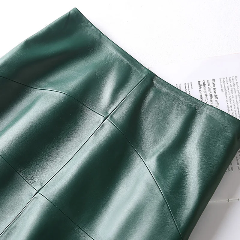 Chic Clothes Women Spring Femme Genuine Leather Wrinkled Wrap Skirt Mujer OL Thin Knee High Bodycon Dark Green/Black Saia Midi