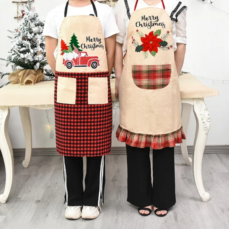 Новогодний фартук черно-красные клетчатые шейные подвесные фартуки с передним