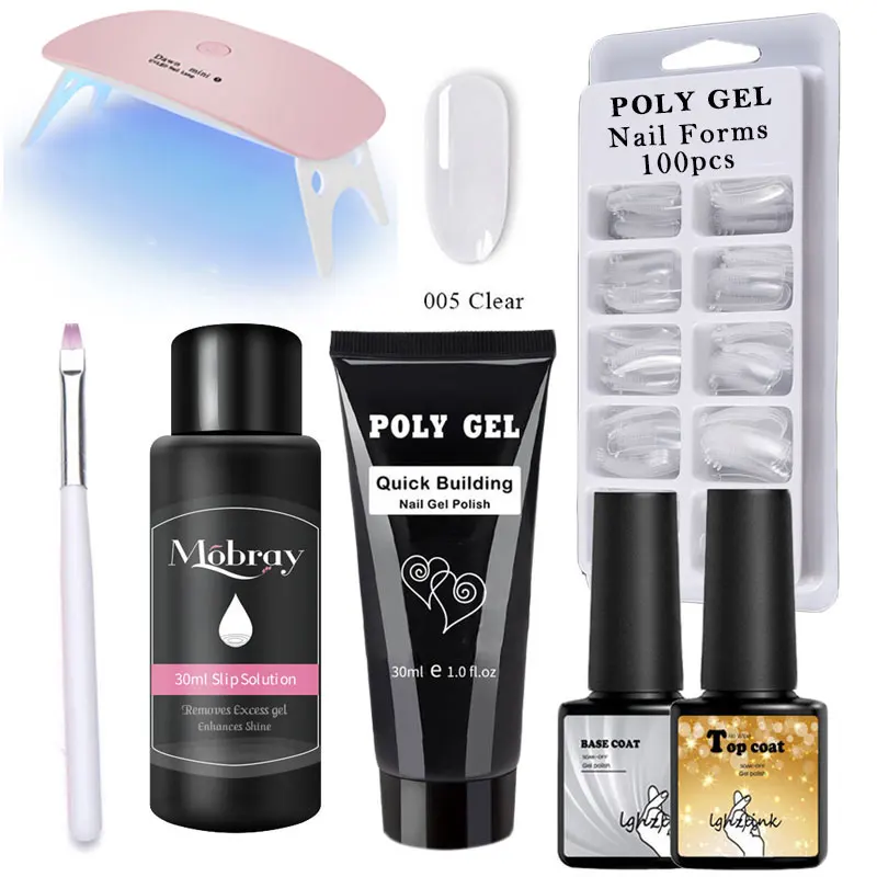 14 шт./компл. polygel набор для ногтей с лампой, а так же 30 г поли геля Soak Off гель для наращивания ногтей быстрое строительство Polygel с украшением в виде кристаллов; Прозрачная Жесткая Poli гель набор - Цвет: ZH49-005