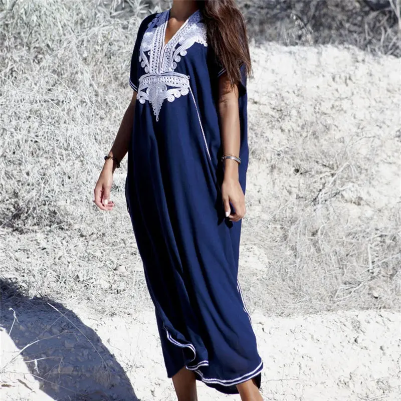 По сравнению с Размеры синего цвета вышивкой v-образный ворот короткий рукав