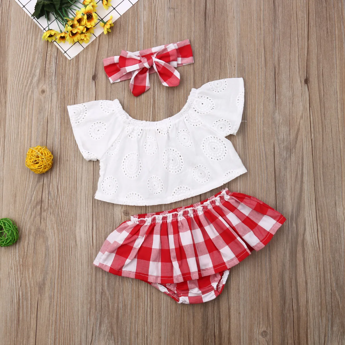 

Newest Fashion Infant Baby Girl Clothes Summer Solid Color Off Shoulder Crop Tops Plaids Ruffle Shorts Headband 3Pcs Outfits