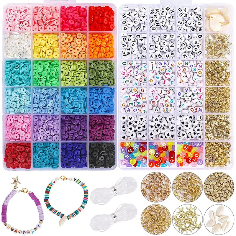 

3600Pcs Clay Heishi Beads with 520Pcs Letter Beads, with Elastic String Pendant and Jump Rings, for DIY Jewelry Marking