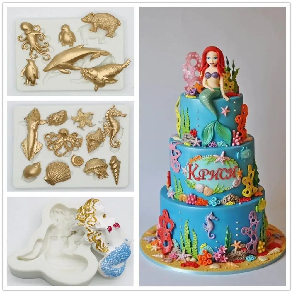 

Sea Animals Mermaid Conch Starfish Shell Flip Cake Silicone Mold DIY Chocolate Mold Kitchen Tool Liquid Cake