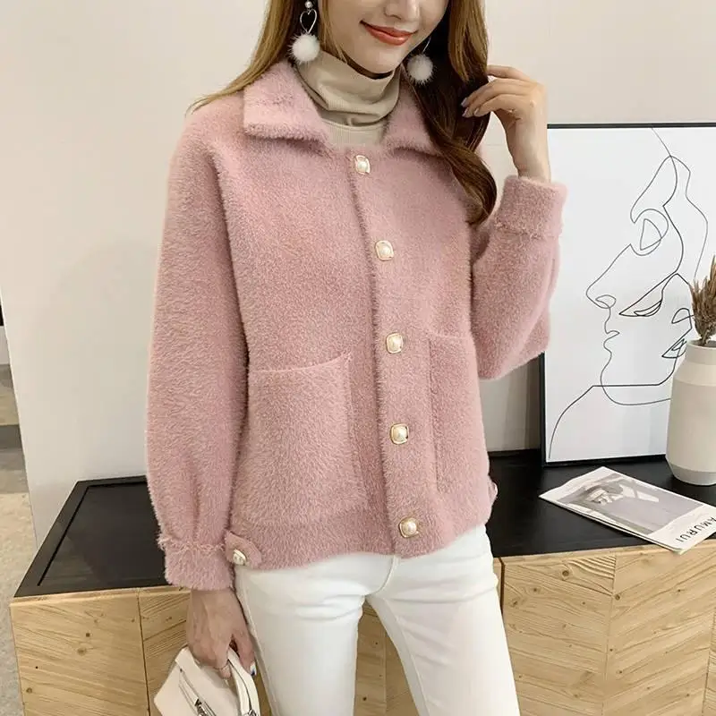 Женский кашемировый кардиган с воротником на пуговицах плотный теплый вязаный