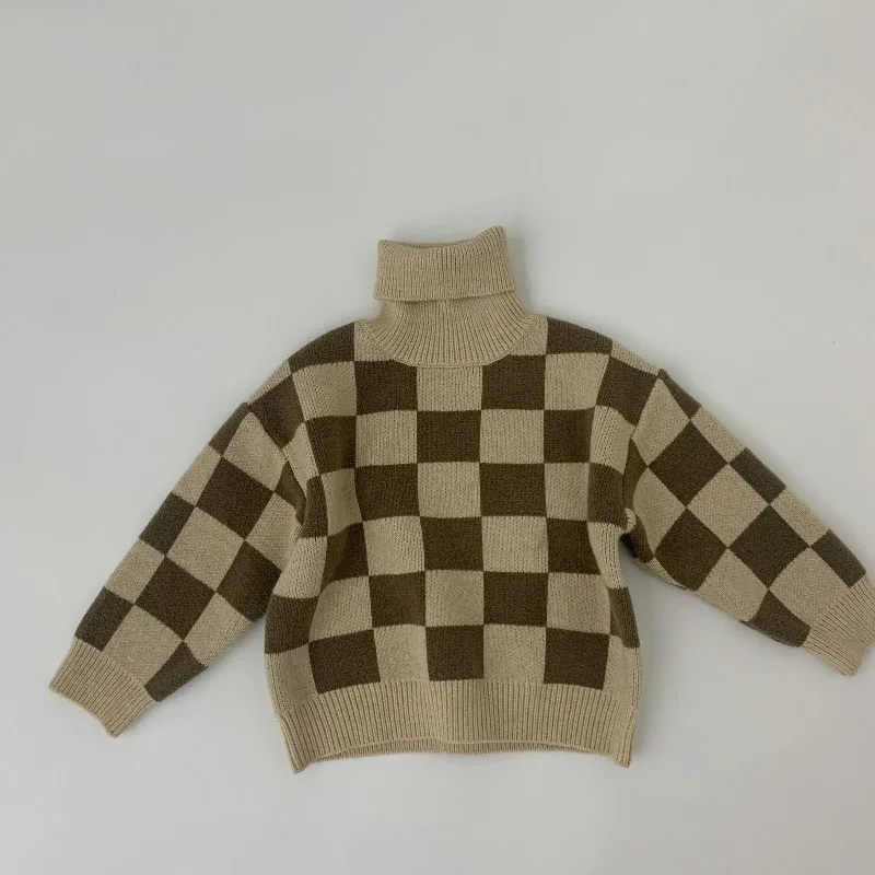 Детский свитер клетчатый пуловер рубашка для мальчиков и девочек теплый вязаный