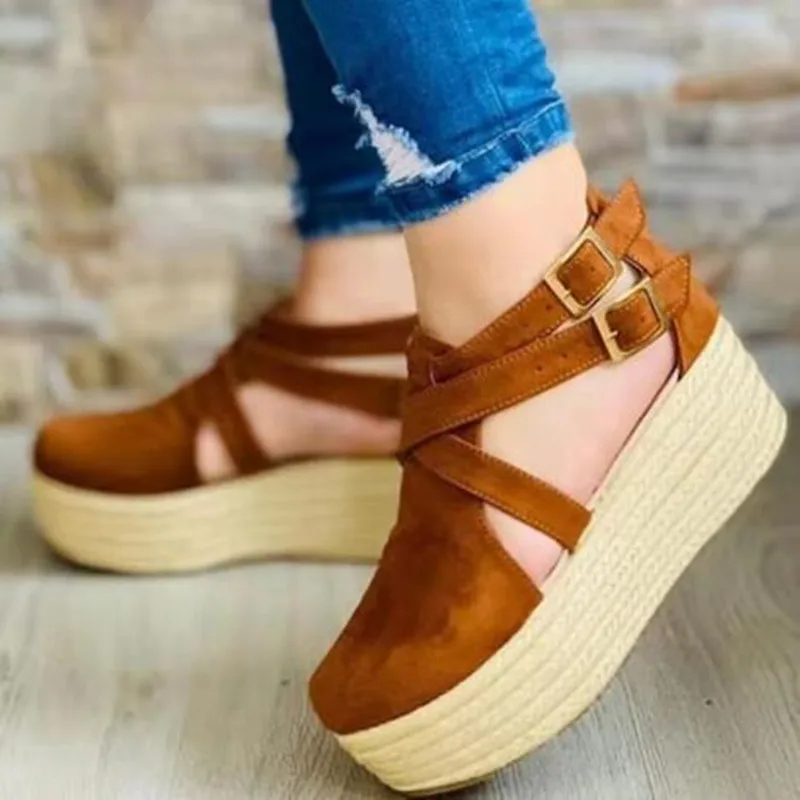 

Sandals Women Summer New Fashion Women's Sandals 2021 Wedges Heel Side Hollow Buckle Casual Solid Sandals Zapatos De Mujer