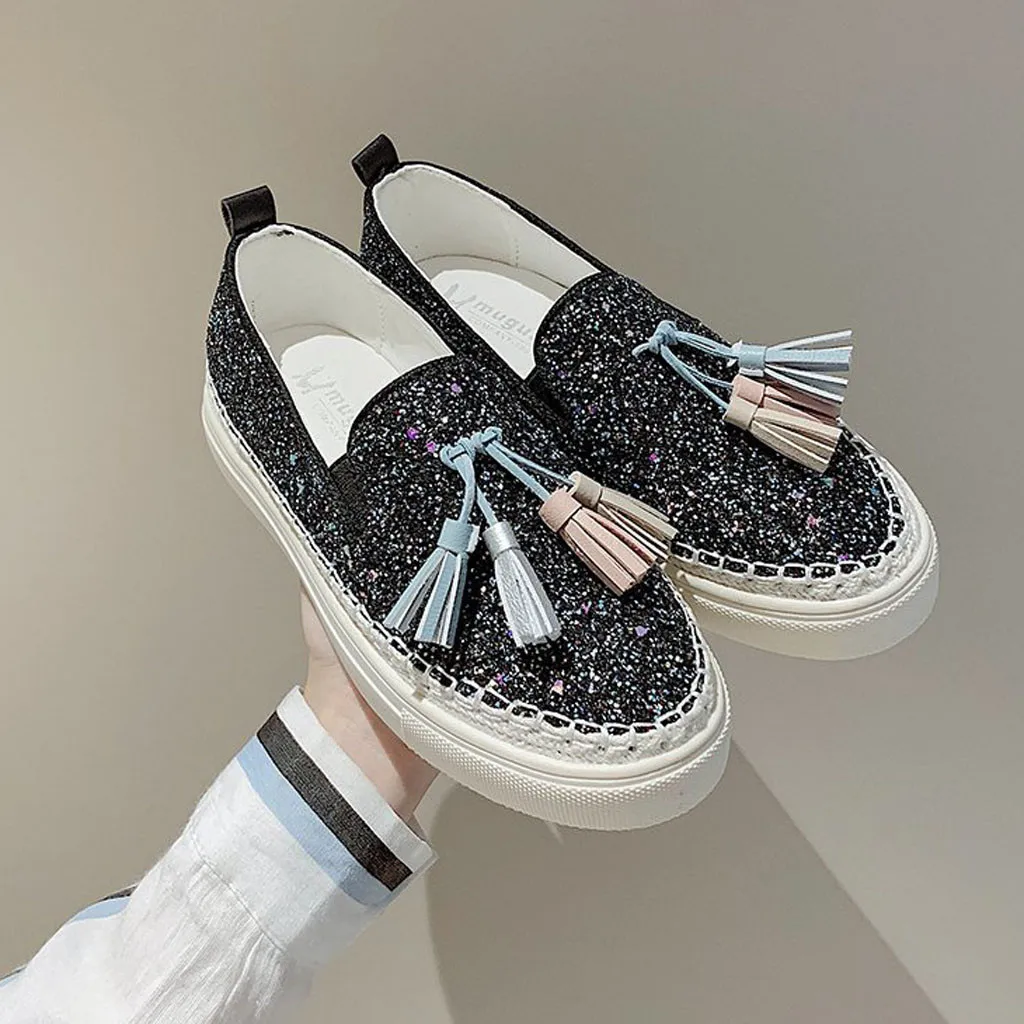 

Shoes Women's Rhinestone One-pedal Loafers Casual Thick Bottom Tassel Single Shoes Ladies Flat Sneakers buty na platformie A50