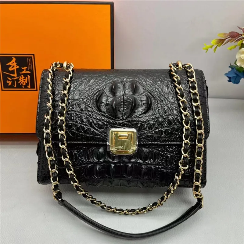 

Authentic Crocodile Skin Golden Hardare Women Small Single Shoulder Bag Genuine Exotic Alligator Leather Lady Female Flap Purse