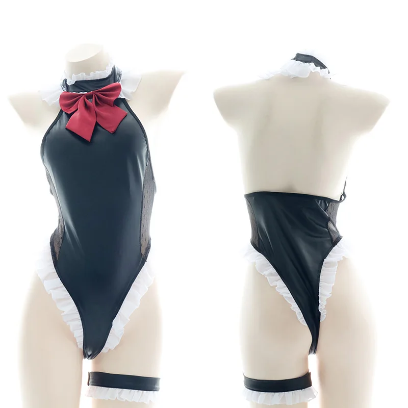 

Sexy Women's High Split Patent leather Ruffle Sukumizu Bodysuit Swimwear Backless Halter Private Pajamas Swimsuit Underwear Set