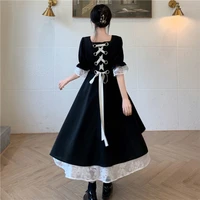 houzhou elegant vintage dress summer balck bandage short sleeve lace midi dress oversized french palace style fashion 2021