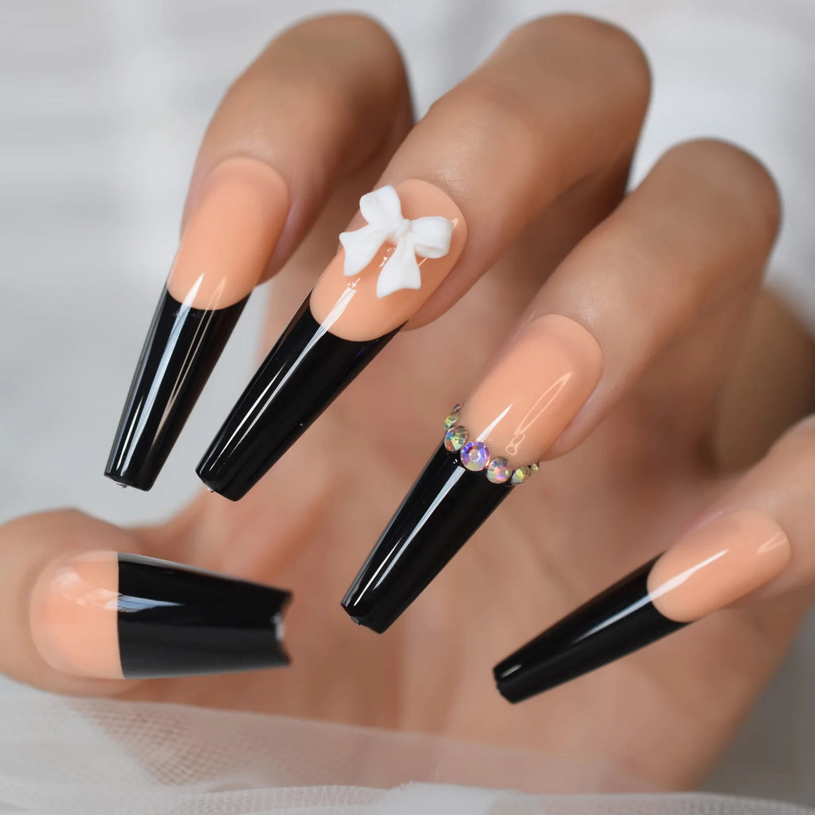 On False Ballet Nails Super Long Coffin Flash Diamond Custom Fake Reusable Fingersnails