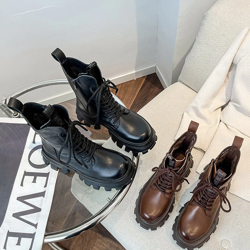 Round Toe Thick Sole Martin Boots New British Style Ins Leather Rough Heel Women Shoes Autumn Winter Lace-up Motorcycle Booties