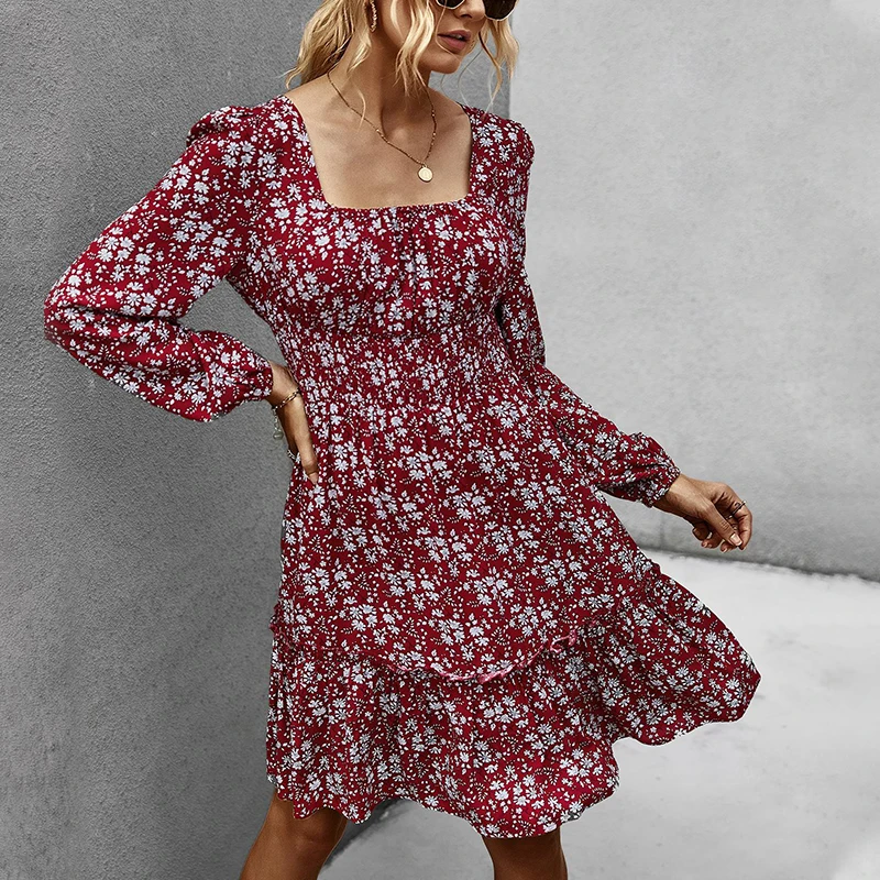 NORMOV Square Collar Floral Dress Women Autumn Winter Mini Casual Dresses Long Sleeve A-line Ruffles | Женская одежда
