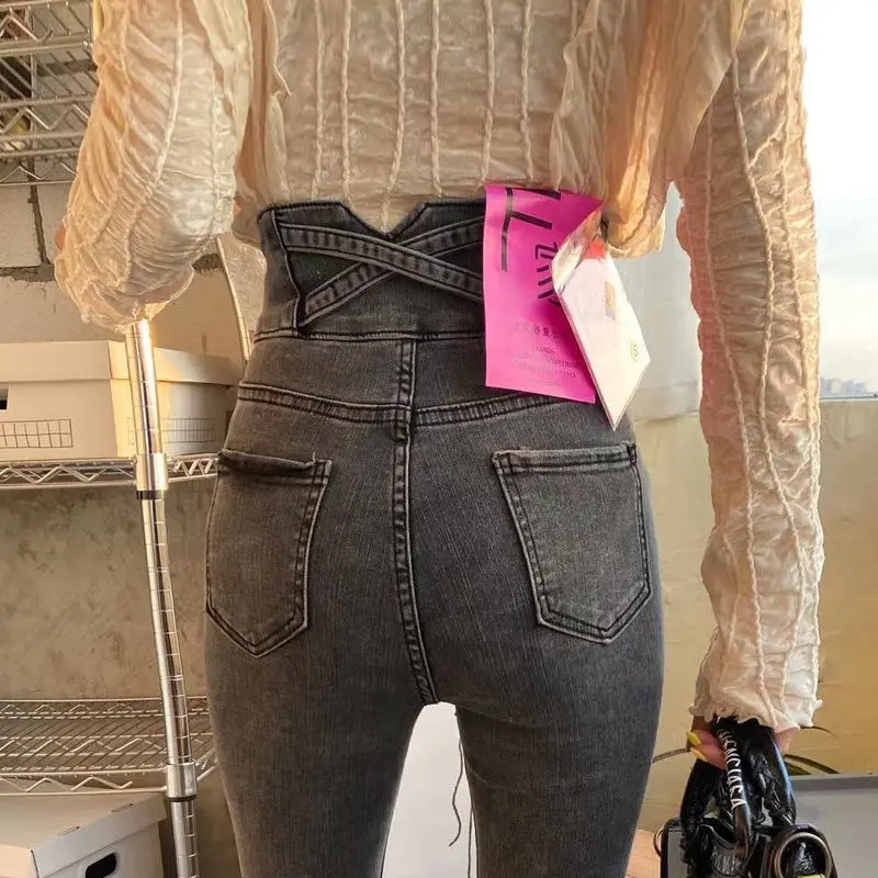 

Women 2021 Spring Summer Fashion Ultra-high Waist Jeans Female Solid Color Slim Pencil Pants Ladies Stretch Denim Trousers P87
