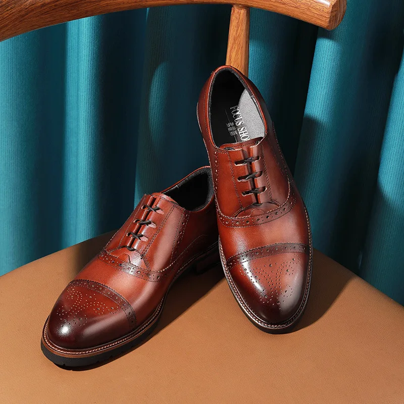 

Brand Genuine Wingtip Leather Oxford Shoes Pointed Toe Lace-Up Oxfords Dress Brogues Men Wedding Business Platform Shoes Size 44