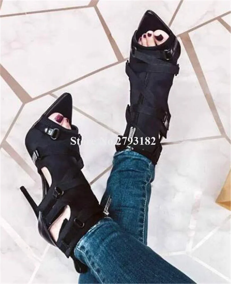 

Новинка; Брендовые дизайнерские замшевые ботинки-гладиаторы на шпильке с острым носком и пряжкой; Ботильоны на высоком каблуке с вырезами