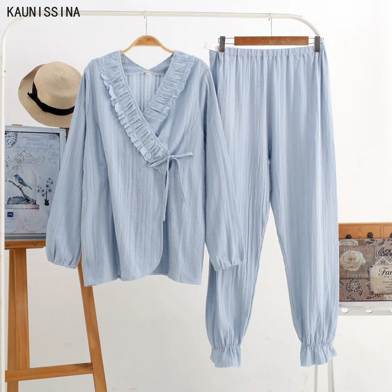 

Women Cotton Sleepwear Summer Pajamas Sets Long Sleeve Long Pants Pajama Set Gauze Thin Sweat-Absorbent Breathable Homewear