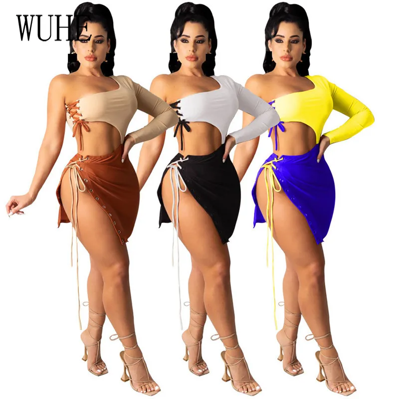 

Летнее лоскутное сексуальное Клубное платье YEYA на шнуровке с одним плечом и длинным рукавом, короткое платье с высоким разрезом сбоку, повс...