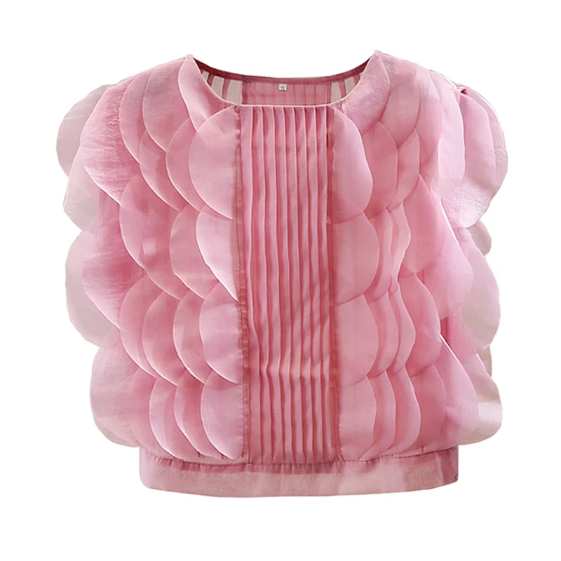 

2021 Summer Mesh Chiffon Shirt Stitching Three-Dimensional Petal Pleated Blouse Women's Round Neck Loose Sleeveless Short Vest
