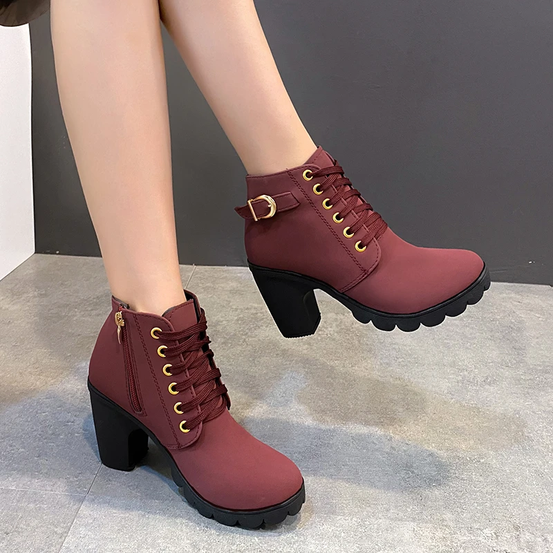 

Winter Women Short Ankle Martin Boots Pu Leather Botas Elegant High Heels Botines Mujer Chunky Sole Zipper Platform Buckle Shoes