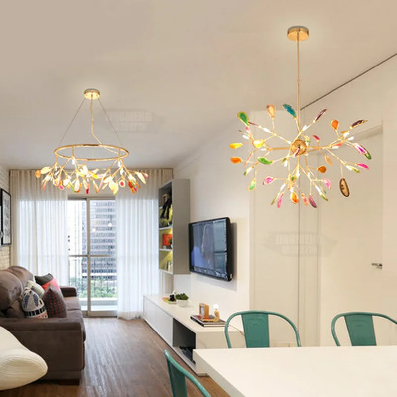 

Modern Agate Led Chandeliers Lighting Living Room Gold Metal Led Pendant Chandelier Lights Dining Room Led Hanging Lamp Fixtures