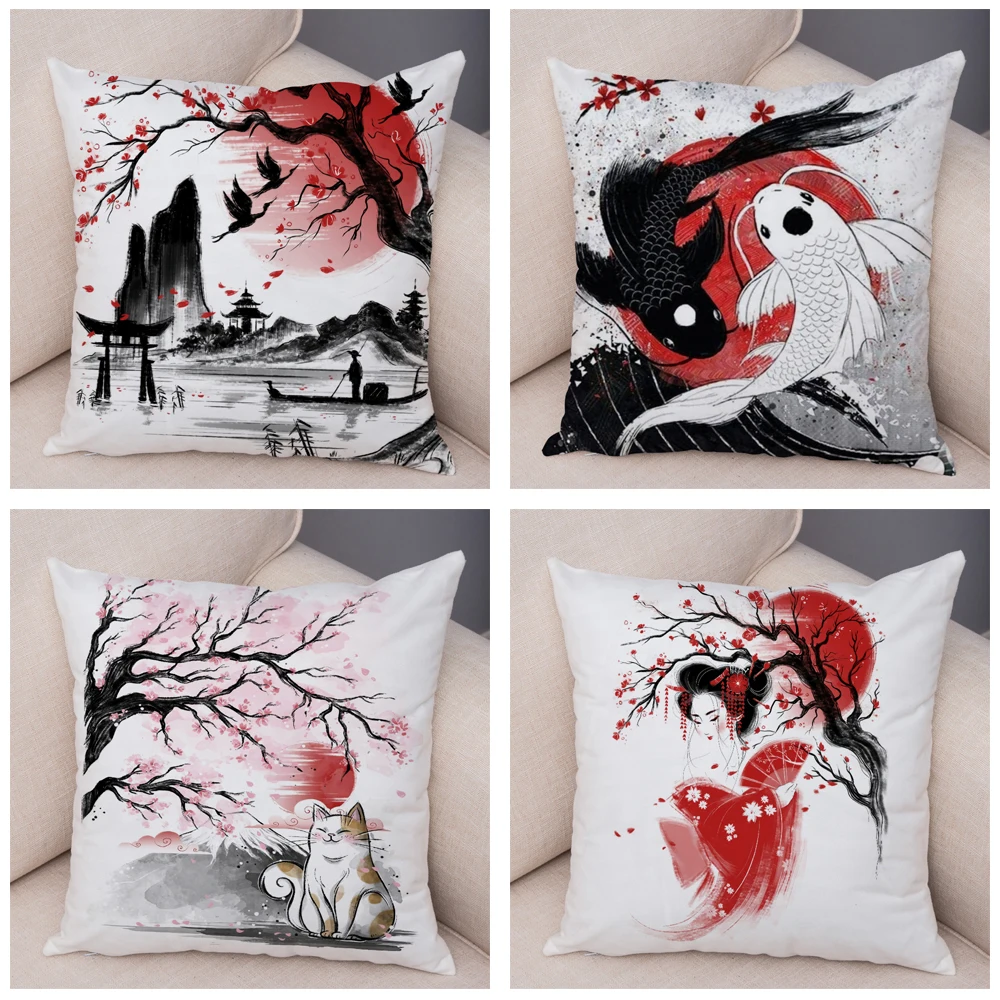 45x45 см чехлы для подушек с чернилами в японском стиле Декор красивый пейзаж кошка