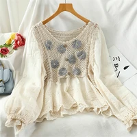 bohemian boho floral embroidery cotton line shirt women long sleeve casual blouse crochet crop top spring autumn shirts
