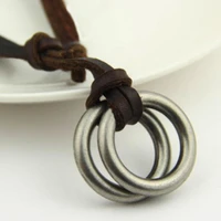 70 hot sell mens double circle ring charm pendant brown faux leather cord necklace gift