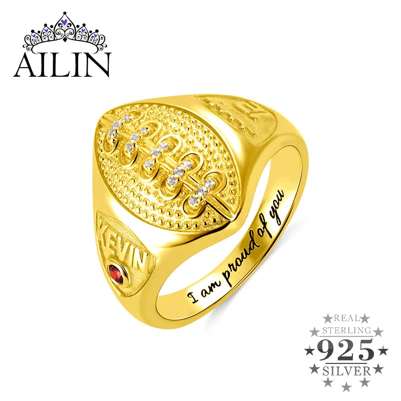 Продажа Мужское кольцо в форме футбольного мяча AILIN, золотистое кольцо с полыми стразами, кольцо из стерлингового серебра с персонализированным гра...