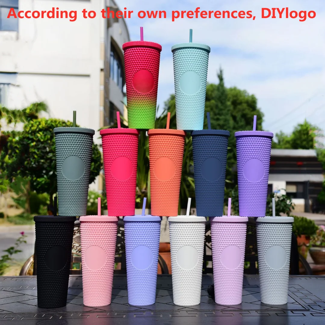 

Double plastic straw cup cup large capacity portable creative 710ml durian Diamond Cup presented DIY logo
