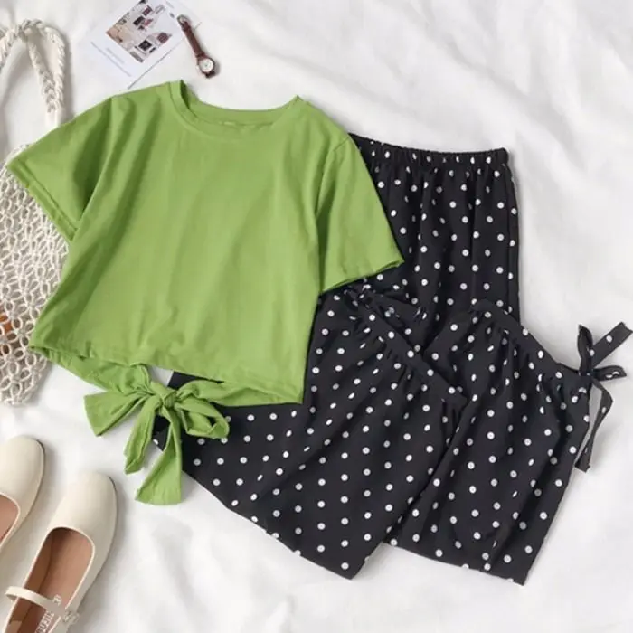 

2021 New Women Summer Korean Fashion Suit Short Sleeve T-Shirts + Polka Dot Lantern Pants Female Casual Loose Two Piece Sets W86