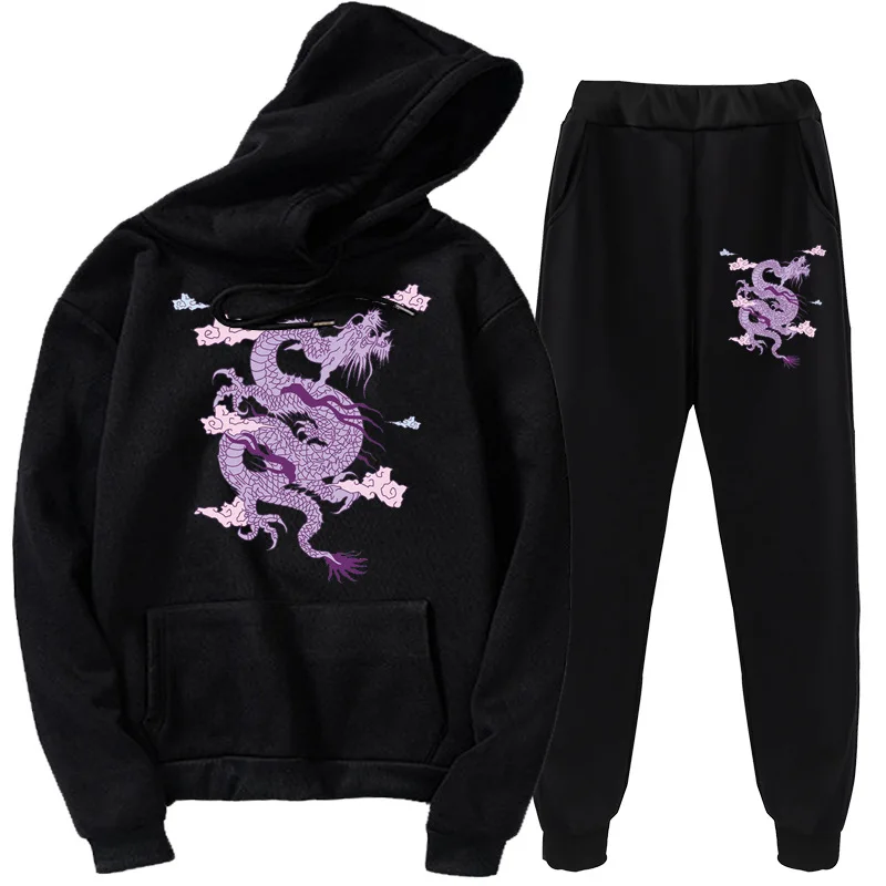 

Retro Dragon Women's Hoodie Set Harajuku Casual Personality Long Yun Printed Sweatshirt Sweatpants 2-piece Set All-match Street