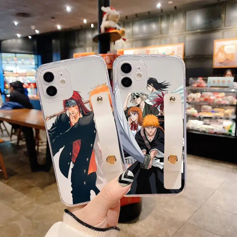 

Japanese anime Bleach Phone Case Wrist Strap For iPhone 7 8 11 12 X XS XR MINI Pro Max Plus Hand Band Transparent Clear