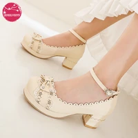 lolita shoes women high heels vintage hollow flowers ankel strap bow cute girls princess party students lovely pumps size 34 48