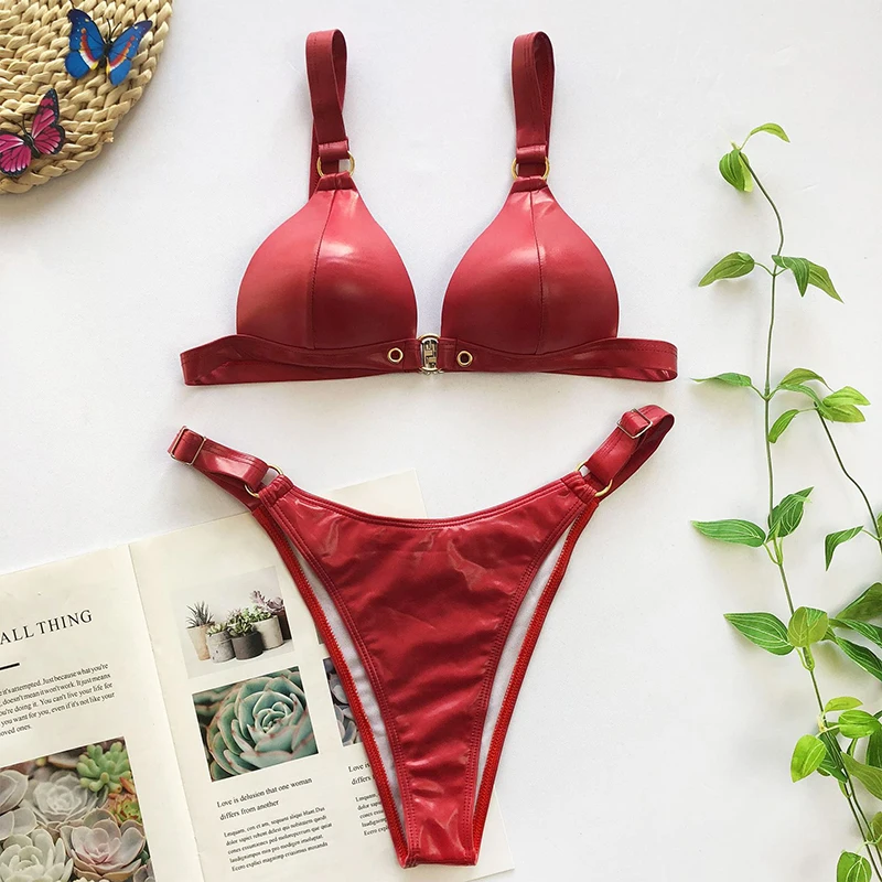 Красные стринги комплект бикини купальник 2020 бразильские из искусственной кожи