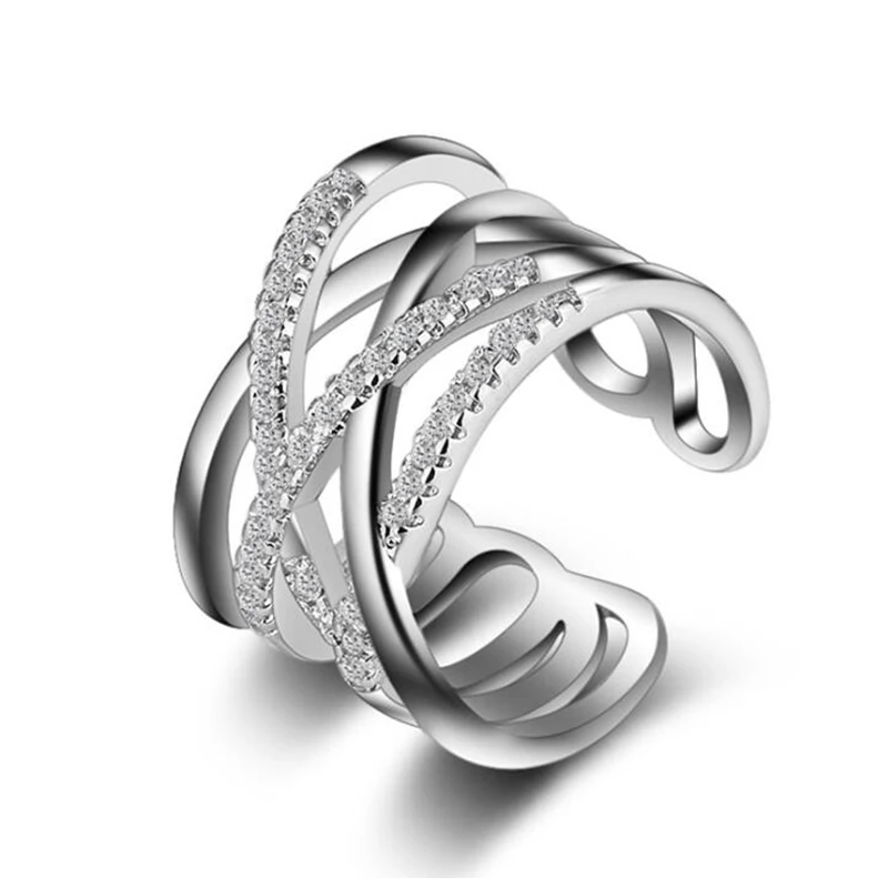 Женское кольцо с двойным плетением модное кристаллом Серебряного и золотого