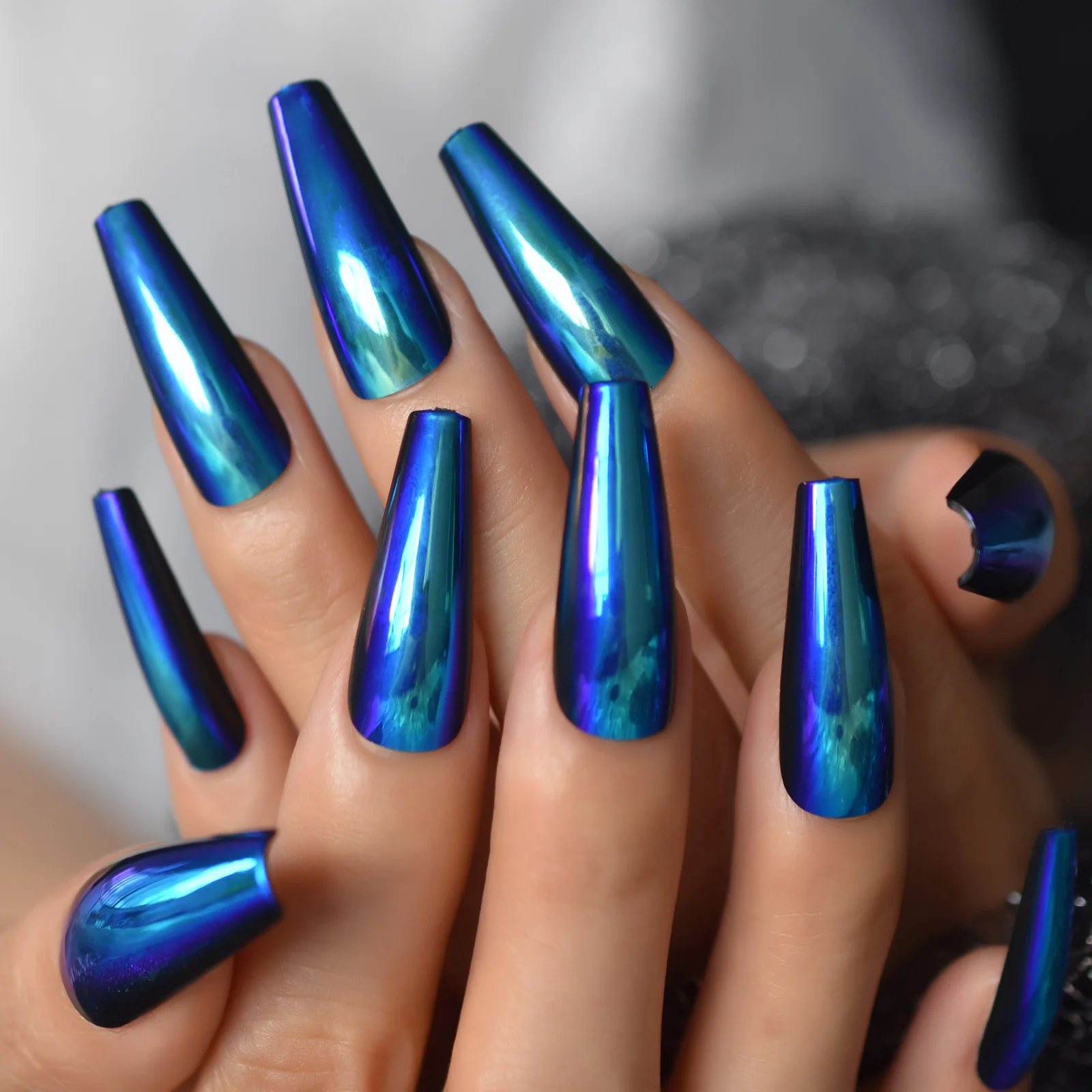 

Удлиненные хромированные накладные ногти, синие зеркальные накладные ногти, зауженные, блестящие, твердые накладные ногти, Набор ногтей дл...