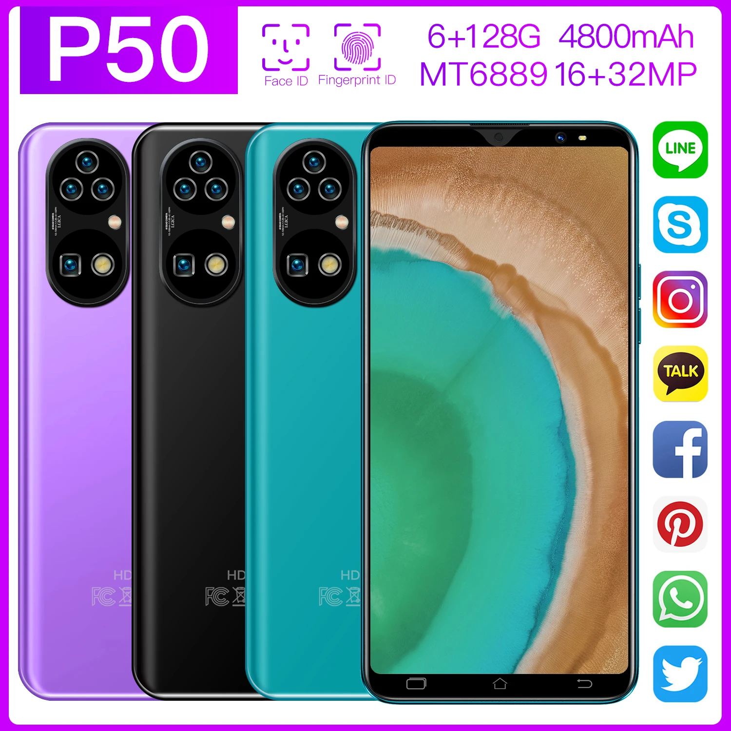 

Newest 5.5-inch P50 Smartphone 6GB+128GB Android10 16MP+32MP 4800mAh Battery10-core Dual Card Dual Standby GPS 5G Network Phone