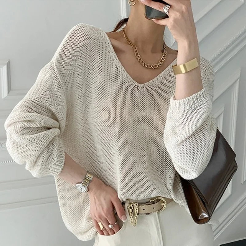 

Spring Summer Thin Sexy Women Knit Tops Blouse V-neck Sweater Pullover Tops Solid Korean Loose Sunscreen New Women Clothes