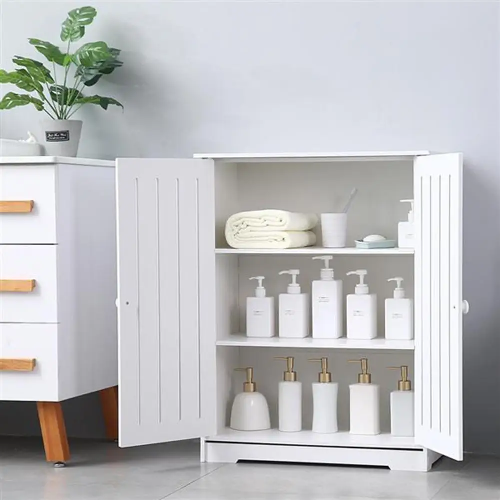 

63x31x80cm PVC Double Door 3-Layer Storage Cabinet Home Furniture White Bathroom Cabinet Storage Floor Wall Mount Cabinet